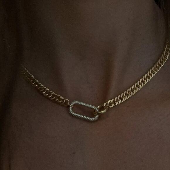 Gold Zircon Rectangular Charm Necklace Chain Link - Picture 8 of 11